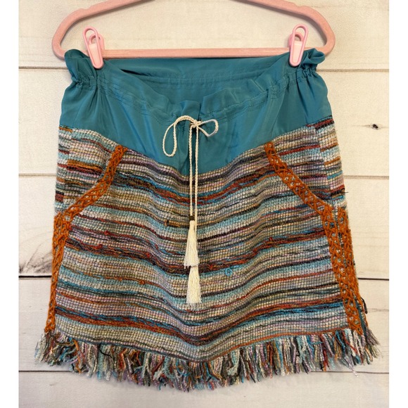 Tory Burch Dresses & Skirts - Tory Burch Striped Woven Mini Skirt Teal Silk Trim Tassels Fringe 51111304 Sz 10